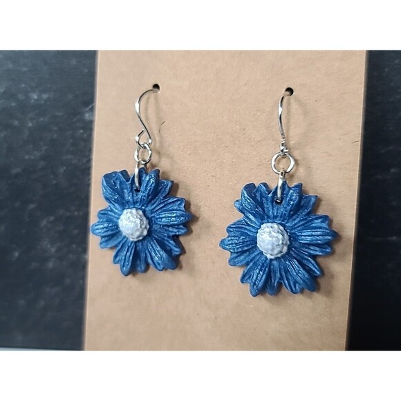 Polymer Clay Blue And Silver Floral Dangling Pierced Earrings New - Picture 3 of 10